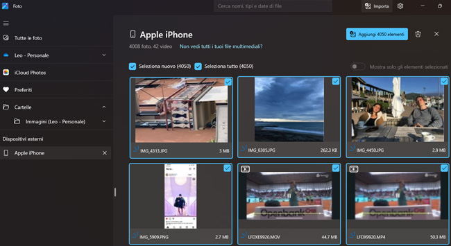 Seleziona le foto che vuoi importare su Pc